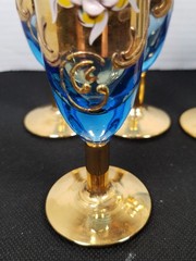 6 Vintage Bohemian Cobalt Cordial Hand Painted Shot Glass Gold Decoration